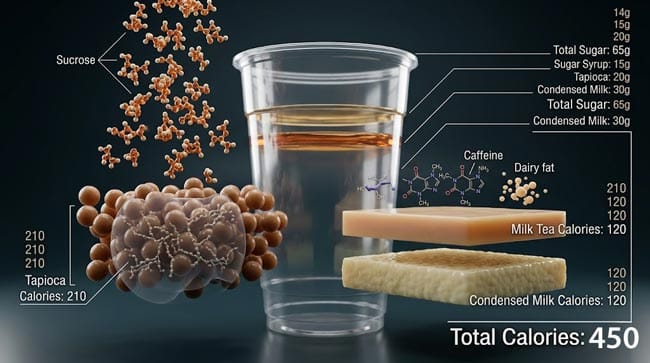 3D exploded view of bubble tea components showing sugar syrup sucrose cascade tapioca pearl starch condensed milk fat and flavoring syrup fructose all combining to deliver 450 calories and 65 grams of sugar per drink