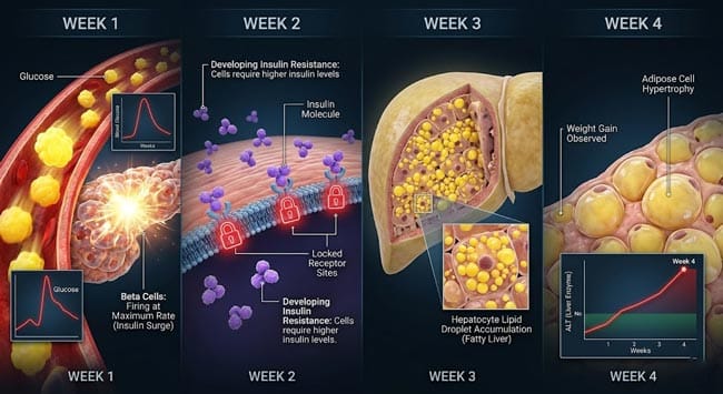 3D four week metabolic timeline of daily bubble tea consumption showing blood glucose spikes insulin resistance development liver fat accumulation and adipose tissue weight gain progression