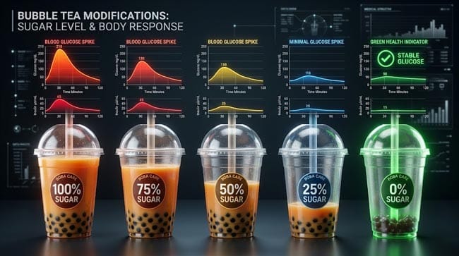 3D comparison of bubble tea sugar level options from 100 percent to 0 percent sugar showing progressive reduction in blood glucose spike height and insulin response demonstrating how ordering lower sugar reduces metabolic impact