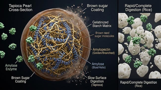 3D molecular cross-section of tapioca pearl showing dense gelatinized amylopectin and amylose starch network with amylase enzymes only penetrating surface layers explaining why bubble tea pearls digestion takes hours compared to regular starch
