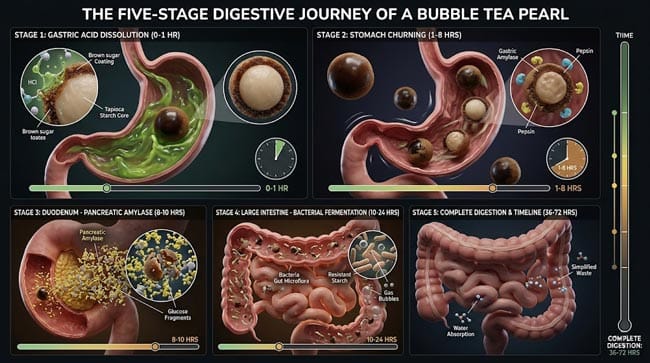 3D five stage digestive journey of bubble tea pearl showing gastric acid surface dissolution 4-8 hours stomach churning pancreatic amylase rapid digestion colonic bacterial fermentation and 36-72 hour complete transit timeline