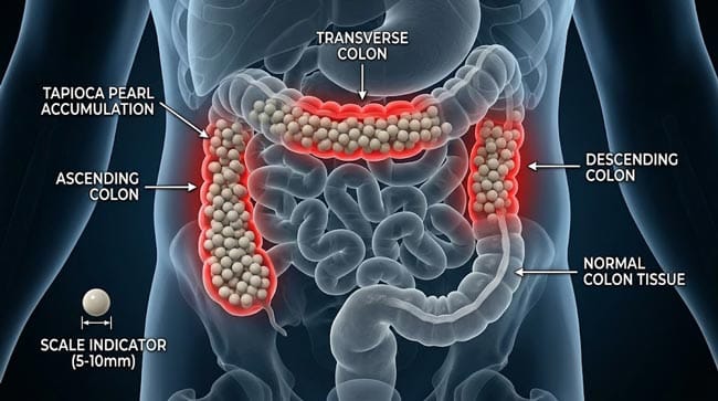 3D CT scan visualization of bubble tea pearl accumulation showing hundreds of spherical tapioca pearls filling the colon in string of beads pattern causing intestinal obstruction as documented in clinical case reports